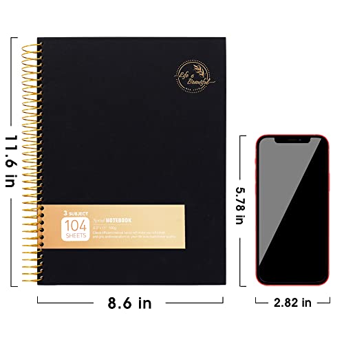 8.5 X 11 Large Spiral Notebook Hardcover Spiral Notebook 3 Subject Spiral Notebook For Note Taking 100Gsm Premium Paper 104 Sheets College Ruled Journal For School Office Supplies Writing Journal,Black #TOP3