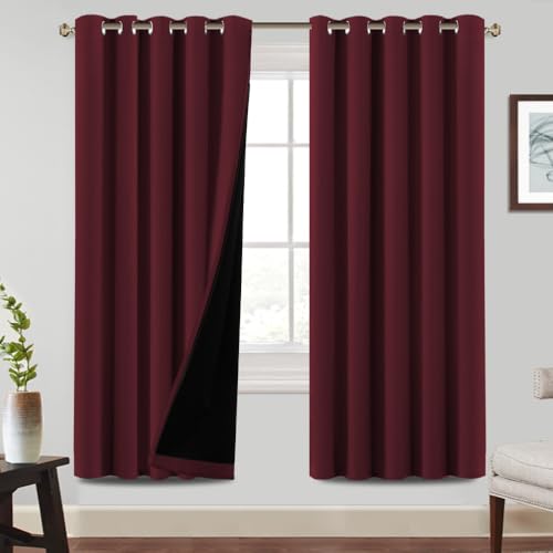 BellaHills 100% Blackout Curtains Eyelet Thermal Insulated Curtains for Living Room Heat and Full Light Blocking Window Treatments with Black Liner 2 Panels, 66 x 72 Inch, Burgundy