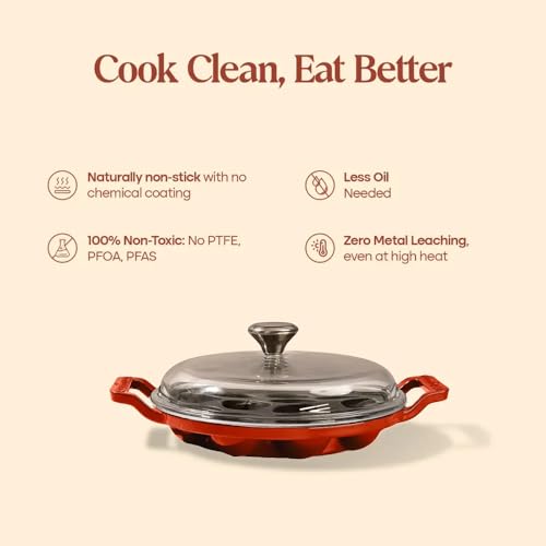 Image of CUMIN CO. Cast Iron Paniyaram Pan with Lid | Induction Base Cookware| 12 Cavities | 10 Years Warranty | Non Toxic Non Stick Pan for Appe /Paddu | Chemical Free Coating | Appe Maker | Green