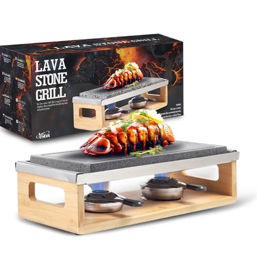 Artestia Steak Lava Stone Table Grill for Meat with Bamboo Stand, Smokeless BBQ Grill Outdoor with Fast Heating Natural Lava Cooking Stone, Ideal for Dinner and Family Fun, Two Rechauds (14.56
