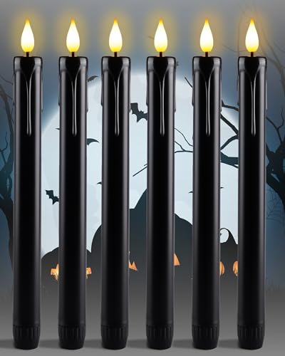 Homemory Black Flameless Taper Candles Flickering NO Remote 9.6 Inches Battery Operated 6 Pcs Realistic Electric LED Candlesticks Made of Plastic for Halloween Party Home Decor