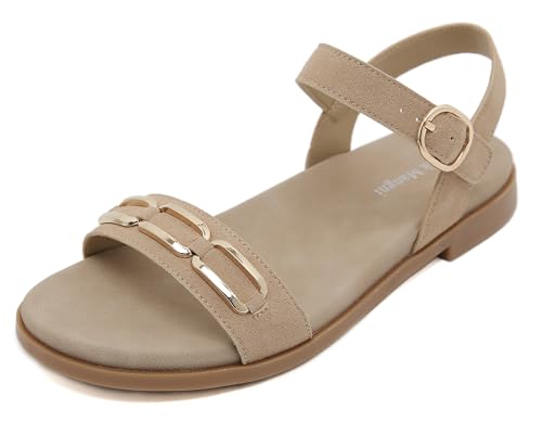 Meik Mangni Damen Sandalen Sommer Bequeme Flache Sandaletten Elegant Freizeit Sommerschuhe mit Verstellbaren Riemen Rutschfeste Outdoor Sandals Beige Gr.40 EU