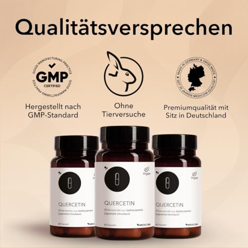 Medicom - Quercetin, Natürliches Quercetin mit Sophora Japonica Blütenextrakt, Schützt die Zellen vor Oxidativem Stress, mit Antioxidativer, Entzündungshemmender und Senolytischer Wirkung - 60 Kapseln