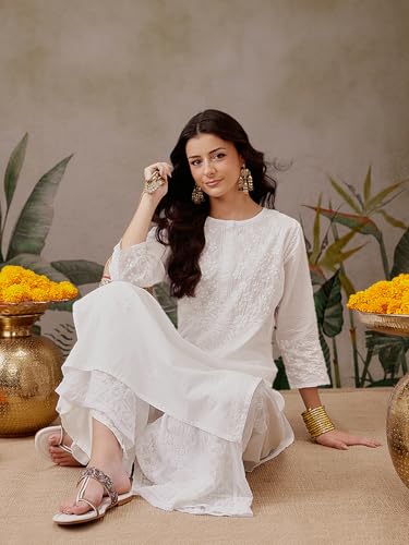 Image of Ada Hand Embroidered Lucknow Chikankari Straight Cotton Kurta Kurti Tunic for Women A411475 White