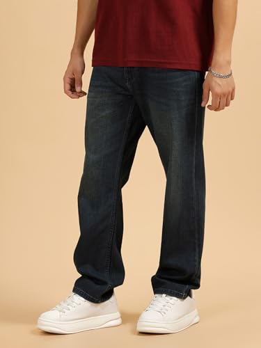 Image of WROGN Men's Mid-Rise Jeans | 100% Cotton | Anti-Fit Relaxed Silhouette