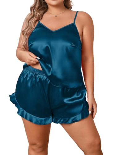 Image of SOLY HUX Women's Plus Size Silk Satin Pajama Set Cami Top and Ruffle Hem Shorts Lounge Sleepwear