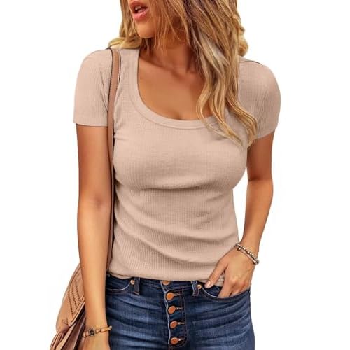 VICHYIE Womens Summer Short Sleeve Tops Square Neck Loose Tunics Henley Casual Shirt Tee Tshirt Medium Khaki