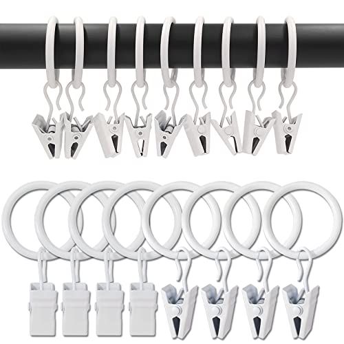 Image of AMZSEVEN 100 Pack Metal Curtain Rings with Clips, Drapery Clips with Rings, Drapes Rings 1 inch Inner Diameter, Fits Diameter 5/8 inch Curtain Rods, White