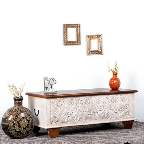 Image of Teba Wooden Trunk Box for Storage | Solid Wood Coffee Table for Living Room | Center Coffee Table with Storage | Front Wooden Carved Sandook Pitara for Home Decor & Bedroom (White Distress)