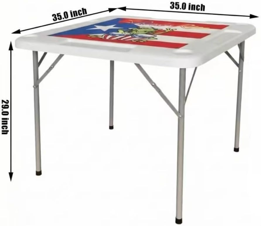 35x35 Inch Folding Table with Puerto Rico Print Mahjong Table Square 4 Player Folding Card Table with 4 Cup Holders & 4 Chip Trays Portable Domino Game Table