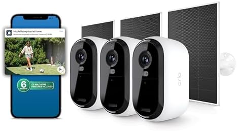 Arlo Essential Security Camera (3rd Gen – 2025 Release) 3 Cam + 3 Solar Panels + 6 Months of Secure Plus Plan – 2K, Person Recognition, Package Detection, Animated Preview, Dual-Band WiFi, White