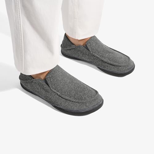 Image of OluKai Moloa Hulu Men's Wool-Blend Slippers, Soft & Heathered Knit Slip On Shoes, Suede Leather Foxing, Drop-In Heel Design