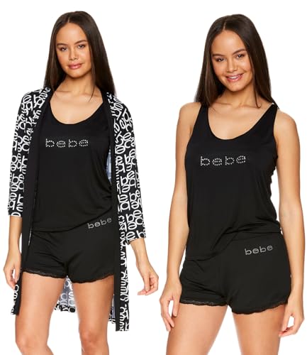 bebe Womens Pajamas 3-Piece Set, Tank Top, Pajama Shorts, and Short Robe Sleepwear Travel Set, Pajama Set Gifts for Women