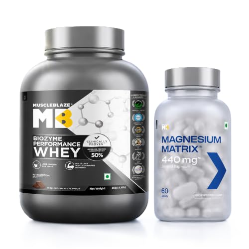 Image of MuscleBlaze Biozyme Performance Whey Protein Powder, Rich Chocolate (2kg / 4.4lbs) & Magnesium Matrix 440mg (60 Tablets) | Combo Pack