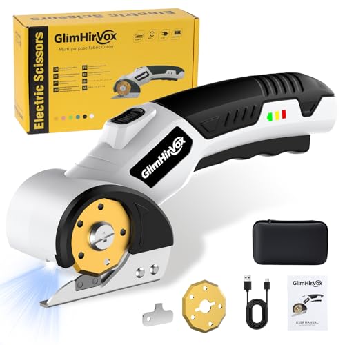 GlimHirVox Electric Box Cutter for Cardboard, 4.2V Cordless Electric Scissors up to 1/4”, Cordless Cardboard Cutter with 2 Titanium Blades, with Safety Lock & LED, for Fabric, Leather, Plastic, Carpet
