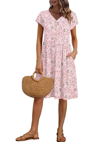 Image of AUSELILY Women's Summer Short Sleeve Knee-Length V Neck Dress with Pockets