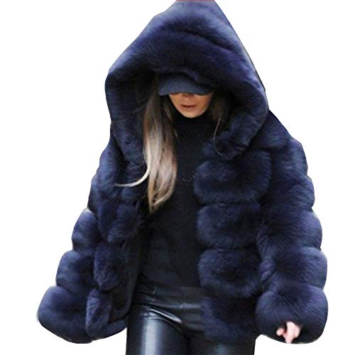 Mujer Elegante Chaqueta Outwear de Zorro de Piel sintética de Pelo Chaqueta con Capucha de Manga Larga Cárdigan Abrigo Corto de Color sólido con 2 Bolsillos Laterales Navy Azul 3XL