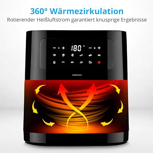 MEDION E40 XL Heißluftfritteuse (5,2 Liter, Airfryer, 2.150 Watt, 9 Automatikprogramme, Backfunktion, ölfreies Frittieren, Touch Bedienfeld, LED Anzeige, MD 11740) schwarz – Bild 6