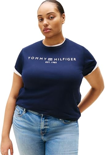 Tommy Hilfiger Women's Curve Regular Fit Round Neck Short Sleeve Logo T-Shirt, Blue (Dark Night Navy), 18