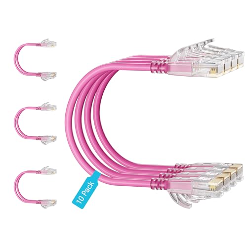 Image of Cat6 Slim Patch Cables 1 Feet 10-Pack Pink, Cat6a Patch Cables 10Gbps 550MHz High-Speed, Cat 6 Ethernet Cable Pure Copper UTP, Flexible & Thin Patch Cable Cat 6 for Network Cabling