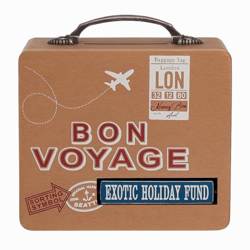 Tirelire décorative, valise de voyage en bois, tour du monde, vacances, roue pour indiquer le voyage souhaité, australie, île des rêves, vacances exotiques...