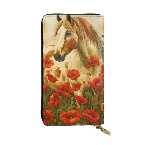 AOLBSPD Graceful Horse and Corn Poppies Hand Held Wallet Leather Long Billfold with Zipper Fashionable ﻿