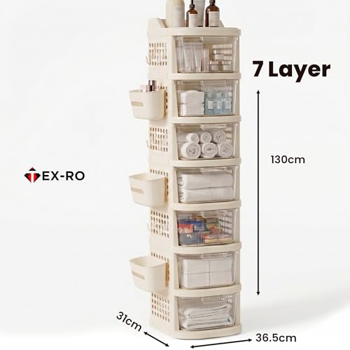 Image of TEX-RO 7 Layer Plastic Drawer Cabinet with Wheels & Side Hooks | Stackable Storage Trolley Organiser for Kitchen | Multipurpose Drawers Organisers Rack with Basket - Transparent And Ivory