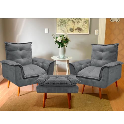 Kit 02 Poltronas Opala Com Puff Suede Pés Palitos - Bela Móveis Cor:Cinza
