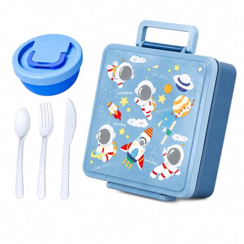 Image of House of Quirk 'NomNom' Space Print Bento Lunch Box, 1800ml with 300ml Removable Bowl, Microwave Safe Lunch Box with Spoon, Fork & Knife for Kids, School, Office, Picnic & Travel (Blue)