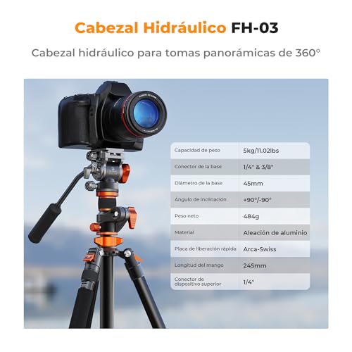 Miniatura 3 de K F Concept Trípode Cámara 231cm, Trípode Con Cabezal Fluido T254a7 Fh-03, Trípode Con Columna Central De 90 Y Monopie Desmontable, Trípode De Viaje De Aluminio Para Dslr Videocámaras Cámaras