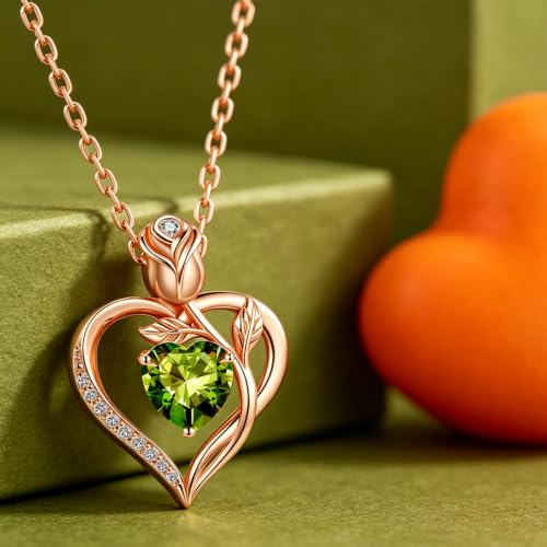 JACUPO Heart Birthstone Necklace for Women I Love You Olive Green Rose Gold — view 4