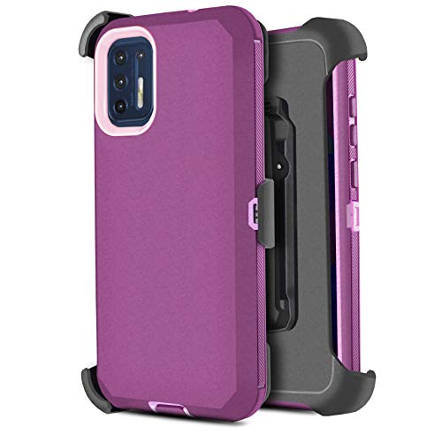 Customerfirst Compatible with Motorola G9 Plus [Built-in Screen Protector] Holster Belt Swivel Clip Kickstand Heavy Duty Case (Wine), 6.4 inch