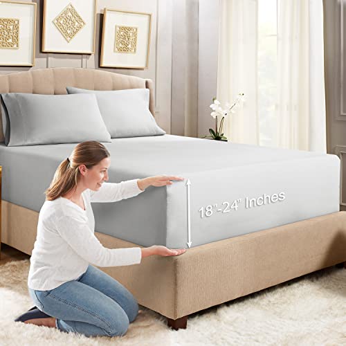 Empyrean Extra Deep Fitted Sheets California King Size - 24" Extra Deep Fitted Sheets with Bonus 2 Pillowcases - 3 Piece Extra Deep Fitted Bed Sheet Cal King - Silver Light Gray