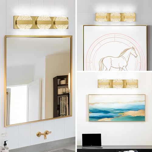 Image of Luxury Brushed Gold Bathroom Vanity Light with High CRI 90+ LED for True Colors, 15W 6000K Cool White Modern Bathroom Lights Fixture Over Mirror for Makeup & Shaving