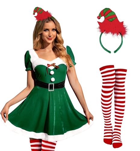 ALIREVERIE Disfraz de Navidad para mujer, casual, bonito disfraz de Papá Noel, cuello cuadrado, manga abombada, mini terciopelo, vestido sexy, color verde, talla M