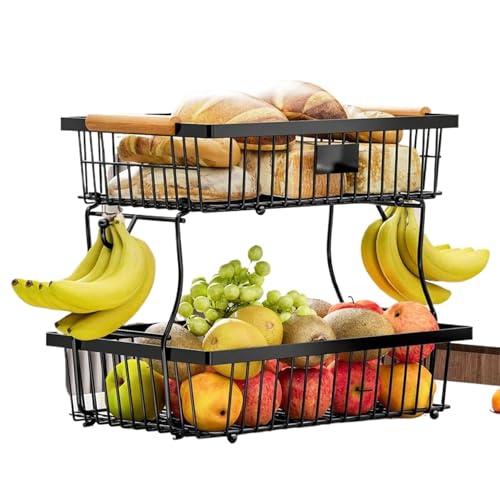 2-Tier Kitchen Fruit Basket with 2 Banana Hangers,Space-Saving Design,Rust-Resistant Metal,Ideal for Fruits,Vegetables,Bread & More – Stylish&Sturdy Countertop Organizer