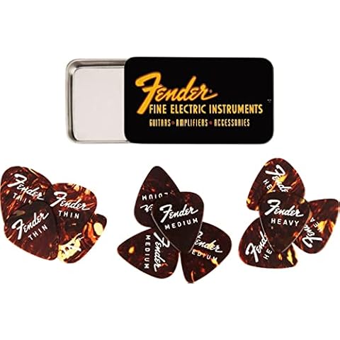 Fender®"Fine Electric Pick Tin" Plectrums in Collector's Tin, Pack of 12, Celluloid, 351 Shape, 3 Thicknesses, Tortoise Shell Cover