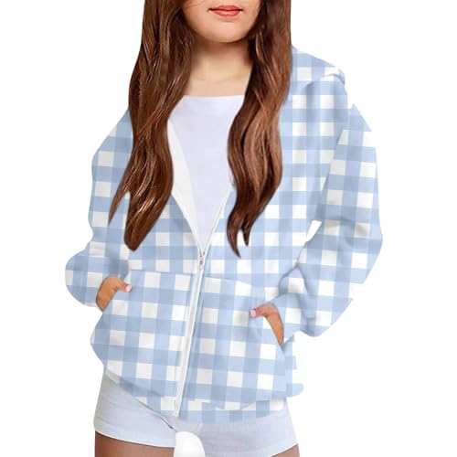 DDAPJ pyju Girls Plaid Zip Up Hoodie Jacket Teen Casual Long Sleeve Lightweight Sweatshirt Preppy Top with Pockets 4-12 Years