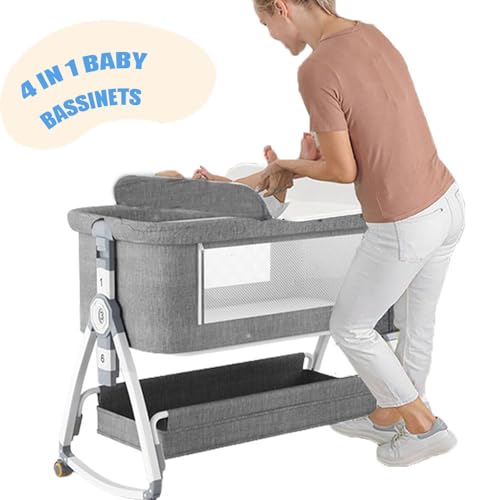 RR-INTL سرير أطفال بجانب السرير 4 في 1 للمواليد، سرير أطفال محمول مع عجلات، سرير أطفال مع منصة تغيير الحفاضات، مرتبة متضمنة ومساحة تخزين، سرير سفر قابل للطي للأطفال/المواليد الجدد