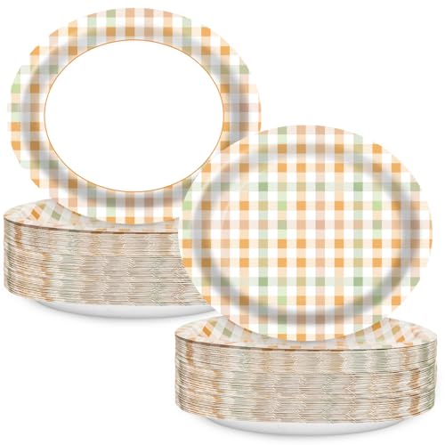 EggSun Fall Orange Gingham Oval Paper Plates 10’’x 12’’, Autumn Large Disposable Heavy Duty Orange Gingham Plaid Paper Plates for Birthday Wedding Baby Shower Tea Party Supplies, 50 Guest
