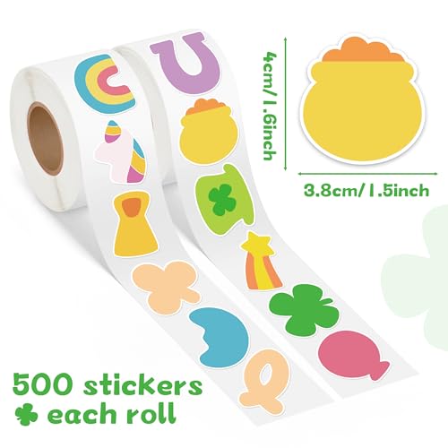 Image of St. Patrick's Day Sticker Roll - 1000 Pcs St. Patrick's Day Waterproof Vinyl Reusable Laptop Stickers Coloring Book Scrapbook Water Bottle Page Activity Pad Birthday Party Favors Skateboard