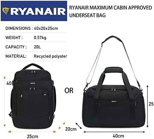 ECOHUB Cabin Bag 40x20x25 for Ryanair Under Seat Flight Bag Recycled PET Eco Friendly Travel Holdall Hand Luggage Bag Carry On Duffel Bag for Women Men(Black)