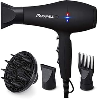 Basuwell Hair Dryer Professional 2100W Salon Hairdryer Ionic Far Infrared 2 Speed 3 Heat Cool Shot Setting AC Motor Blow Dryer With Diffuser/Concentrator/Comb Air Nozzle - UK Plug Black