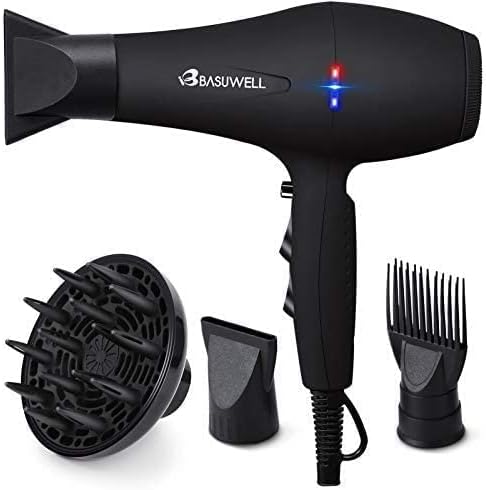 Basuwell Hair Dryer Professional 2100W Salon Hairdryer Ionic Far Infrared 2 Speed 3 Heat Cool Shot Setting AC Motor Blow Dryer With Diffuser/Concentrator/Comb Air Nozzle - UK Plug Black