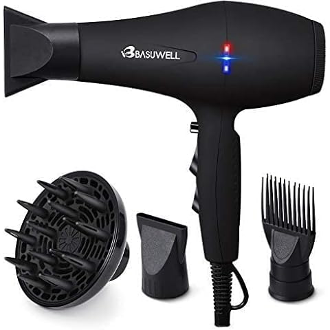 Basuwell Hair Dryer Professional 2100W Salon Hairdryer Ionic Far Infrared 2 Speed 3 Heat Cool Shot Setting AC Motor Blow Dryer With Diffuser/Concentrator/Comb Air Nozzle - UK Plug Black Cover