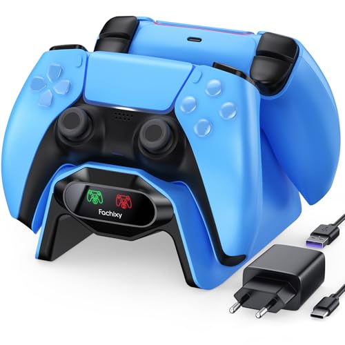 Fachixy Controller Ladestation für PS5, PS5 Ladestation 2 Std Schnelllade mit EU-Netzteil für PlayStation 5 Ladegerät, mit LED Ladestatus Kontrollleuchte, Blau