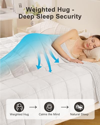 Image of Ultra-Soft Weighted Blanket for Adults(15 lbs, 60 inch x 80 inch Queen Size) Plaid Sherpa Fleece Reversible Heavy Blanket with Glass Beads, Perfect for 140-190 lbs, Machine Washable, Cream