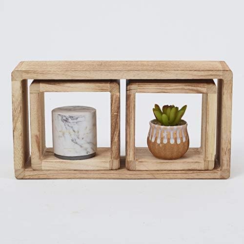 Rebecca Mobili Set of 3 modular wall wooden shelves cube design 2 square 1 rectangular natural wood color Vintage Shabby - 41 x 21 x 9 cm (H x W x D) - Art. RE4121