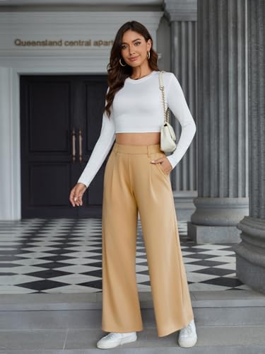 Amzdora Womens Dress Wide Leg Pants Pull On Stretchy Work Pants High Waisted Business Causal Palazzos Trousers with Pockets Khaki — view 6