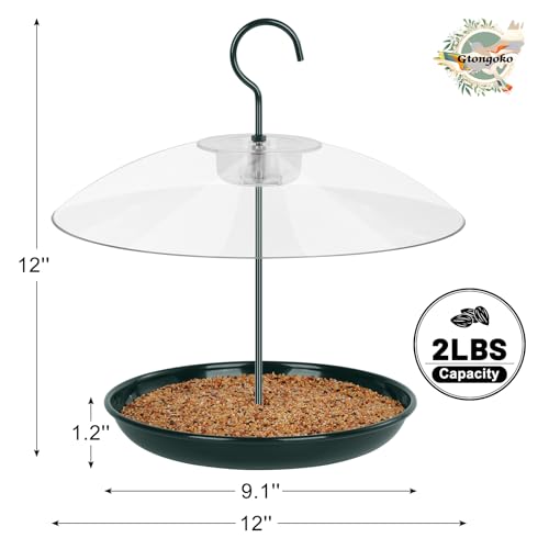 Gtongoko Platform Bird Feeder for Outdoors Hanging with 12” Weatherproof Dome, Squirrel-Resistant Metal Tray, 2 Lbs Seed Capacity, 360° Multi-Bird Feeding, Green by Gtongoko - Used condition - Image 3